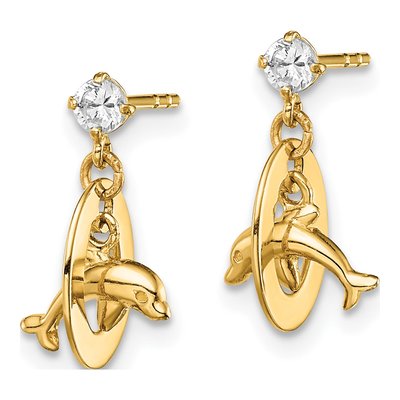 14K Yellow Gold Girls' CZ Oval Dolphin Dangle Earrings – view 3