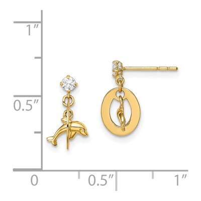 14K Yellow Gold Girls' CZ Oval Dolphin Dangle Earrings – view 5