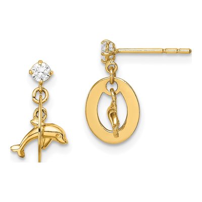 14K Yellow Gold Girls' CZ Oval Dolphin Dangle Earrings