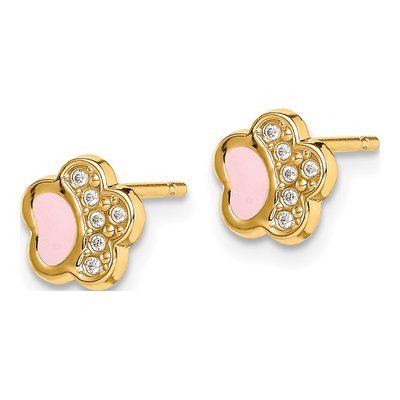 14K Yellow Gold Girls' CZ Pink Enamel Pawprint Stud Earrings – view 3