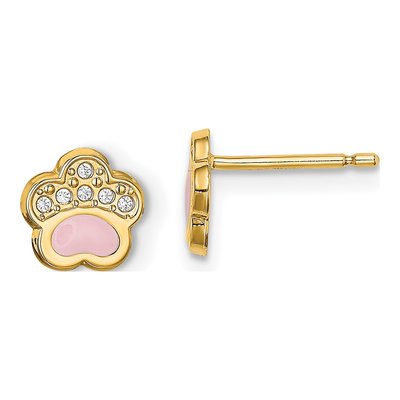 14K Yellow Gold Girls' CZ Pink Enamel Pawprint Stud Earrings