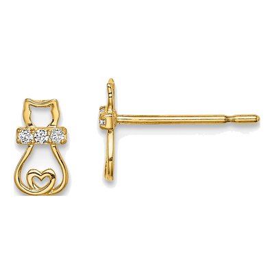 14K Yellow Gold CZ Cat for Girls Stud Earrings
