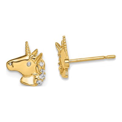 14K Yellow Gold CZ Unicorn Stud Earrings
