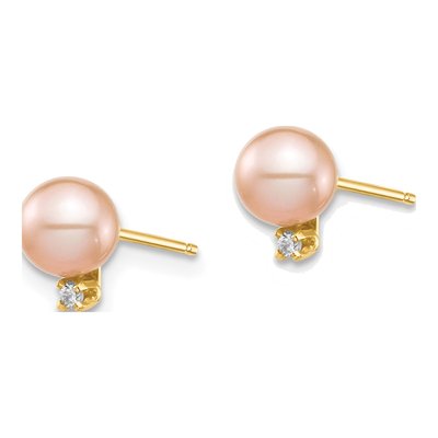 14K Yellow Gold Round Pink Freshwater Cultured Pearl & Diamond Stud Earrings – view 2