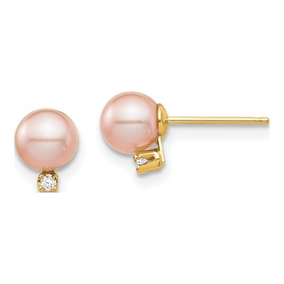 14K Yellow Gold Round Pink Freshwater Cultured Pearl & Diamond Stud Earrings
