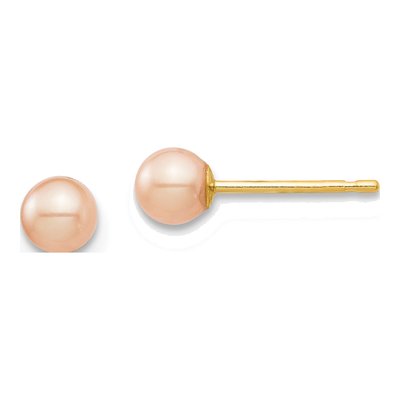 14K Yellow Gold Round Pink Freshwater Cultured Pearl Stud Earrings