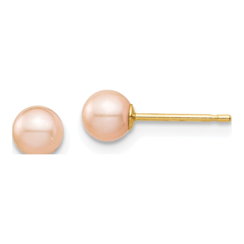 14K Yellow Gold Round Pink Freshwater Cultured Pearl Stud Earrings