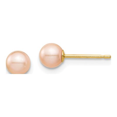 14K Yellow Gold Round Pink Freshwater Cultured Pearl Stud Earrings
