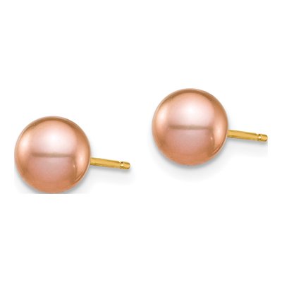 14K Yellow Gold Round Pink Freshwater Cultured Pearl Stud Earrings – view 2