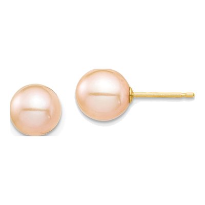 14K Yellow Gold Round Pink Freshwater Cultured Pearl Stud Earrings