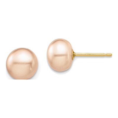 14K Yellow Gold Button Pink Freshwater Cultured Pearl Stud Earrings