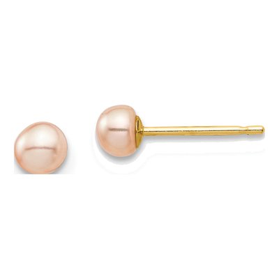 14K Yellow Gold Button Pink Freshwater Cultured Pearl Stud Earrings