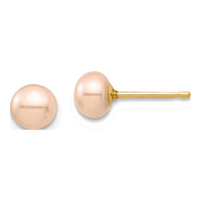 14K Yellow Gold Button Pink Freshwater Cultured Pearl Girls' Stud Earrings