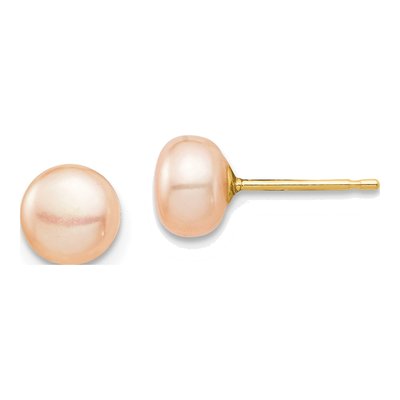 14K Yellow Gold Button Pink Freshwater Cultured Pearl Stud Earrings