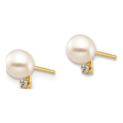 14K Yellow Gold Freshwater Cultured Pearl & Diamond Round Stud Earrings – view 2