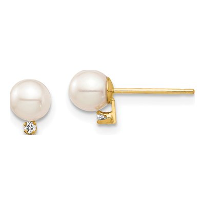 14K Yellow Gold Freshwater Cultured Pearl & Diamond Round Stud Earrings