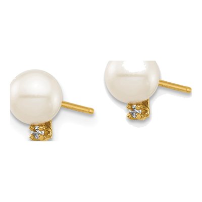 14K Yellow Gold Freshwater Cultured Pearl & Diamond Round Stud Earrings – view 2