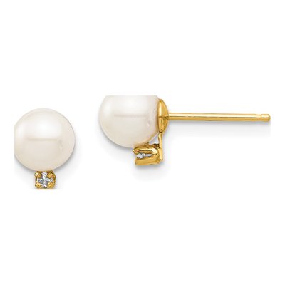 14K Yellow Gold Freshwater Cultured Pearl & Diamond Round Stud Earrings