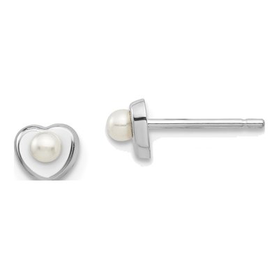 14K White Gold Button Freshwater Cultured Pearl Heart Stud Earrings
