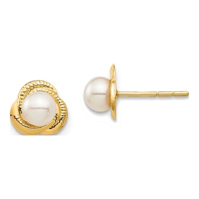 14K Yellow Gold Button Freshwater Cultured Pearl Love Knot Stud Earrings