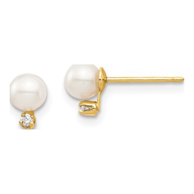 14K Yellow Gold Freshwater Cultured Pearl & CZ Round Stud Earrings