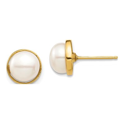 14K Yellow Gold Freshwater Cultured Pearl Button Stud Earrings