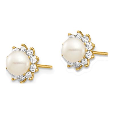 14K Yellow Gold Freshwater Cultured Pearl & CZ Button Stud Earrings – view 2