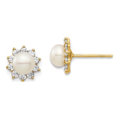 14K Yellow Gold Freshwater Cultured Pearl & CZ Button Stud Earrings