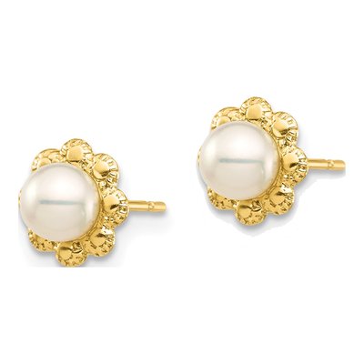 14K Yellow Gold Button Freshwater Cultured Pearl Flower Stud Earrings – view 2
