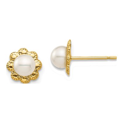 14K Yellow Gold Button Freshwater Cultured Pearl Flower Stud Earrings