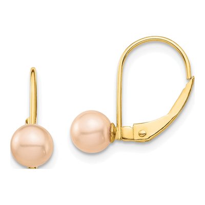 14K Yellow Gold Pink Freshwater Cultured Pearl Leverback Earrings