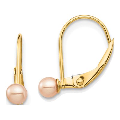 14K Yellow Gold Pink Freshwater Cultured Pearl Leverback Earrings