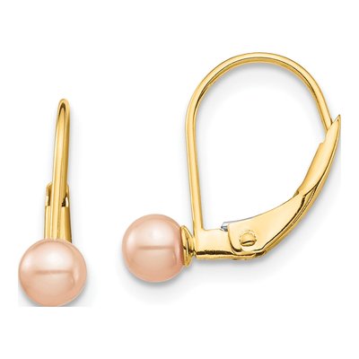 14K Yellow Gold Pink Freshwater Cultured Pearl Leverback Earrings
