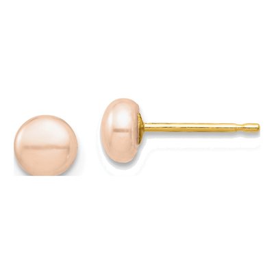 14K Yellow Gold Button Pink Freshwater Cultured Pearl Stud Earrings
