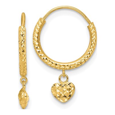 14K Yellow Gold 20mm Diamond-Cut Heart Hoop Earrings