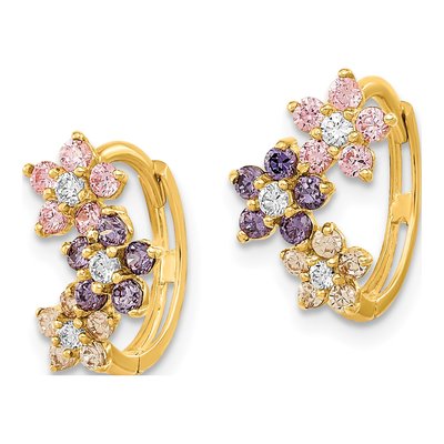 14K Yellow Gold 13mm CZ Girls' Multicolor Flower Huggie Hoop Earrings – view 3