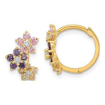 14K Yellow Gold 13mm CZ Girls' Multicolor Flower Huggie Hoop Earrings