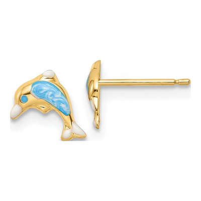14K Yellow Gold Blue Enamel Dolphin Stud Earrings