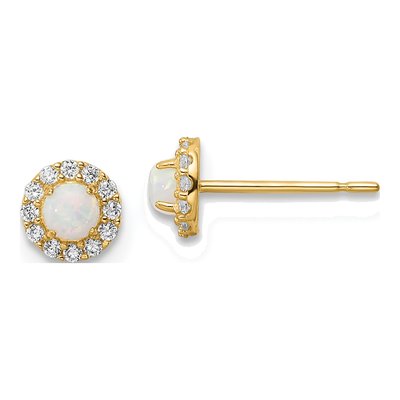14K Yellow Gold Lab-Created Opal & CZ Girls' Button Stud Earrings