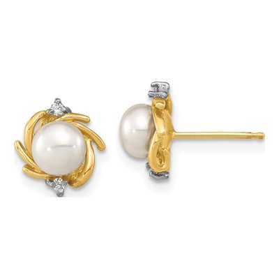 14K Yellow Gold Freshwater Cultured Pearl & Diamond Button Stud Earrings