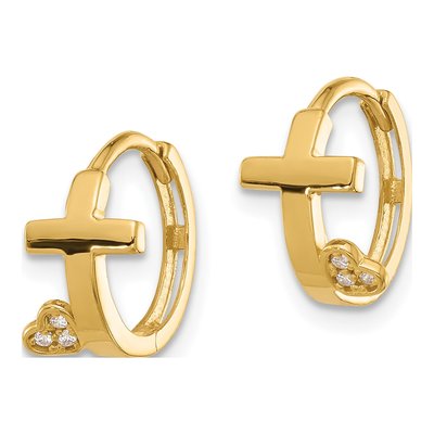 14K Yellow Gold 12mm CZ Cross Heart Hoop Earrings – view 2