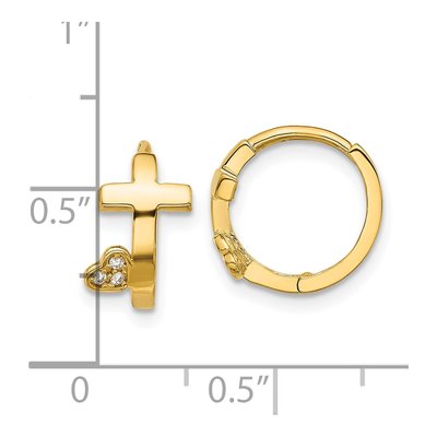 14K Yellow Gold 12mm CZ Cross Heart Hoop Earrings – view 4