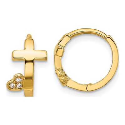 14K Yellow Gold 12mm CZ Cross Heart Hoop Earrings