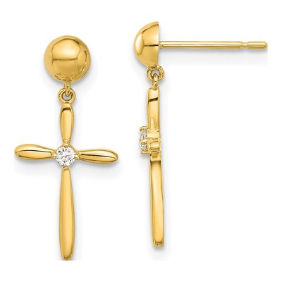 14K Yellow Gold CZ Cross Dangle Earrings