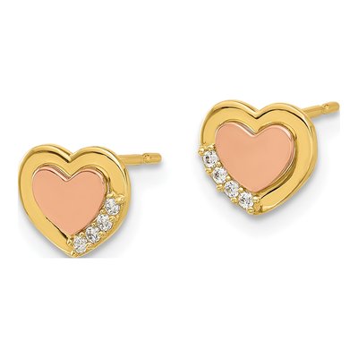 14K Two-Tone Gold Round CZ Heart Stud Earrings – view 2