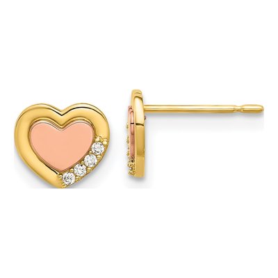 14K Two-Tone Gold Round CZ Heart Stud Earrings