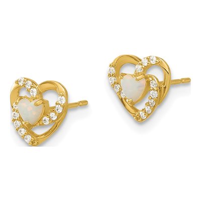 14K Yellow Gold Round Lab-Created Opal & CZ Heart Stud Earrings – view 2