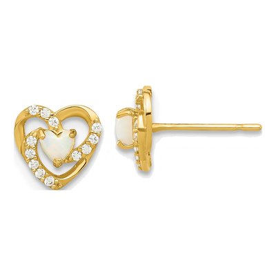 14K Yellow Gold Round Lab-Created Opal & CZ Heart Stud Earrings
