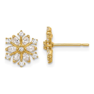 14K Yellow Gold Round CZ Snowflake Kids' Stud Earrings