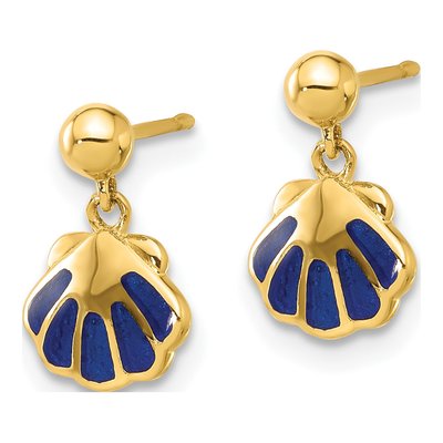 14K Yellow Gold Kids' Blue Enamel Shell Dangle Earrings – view 2
